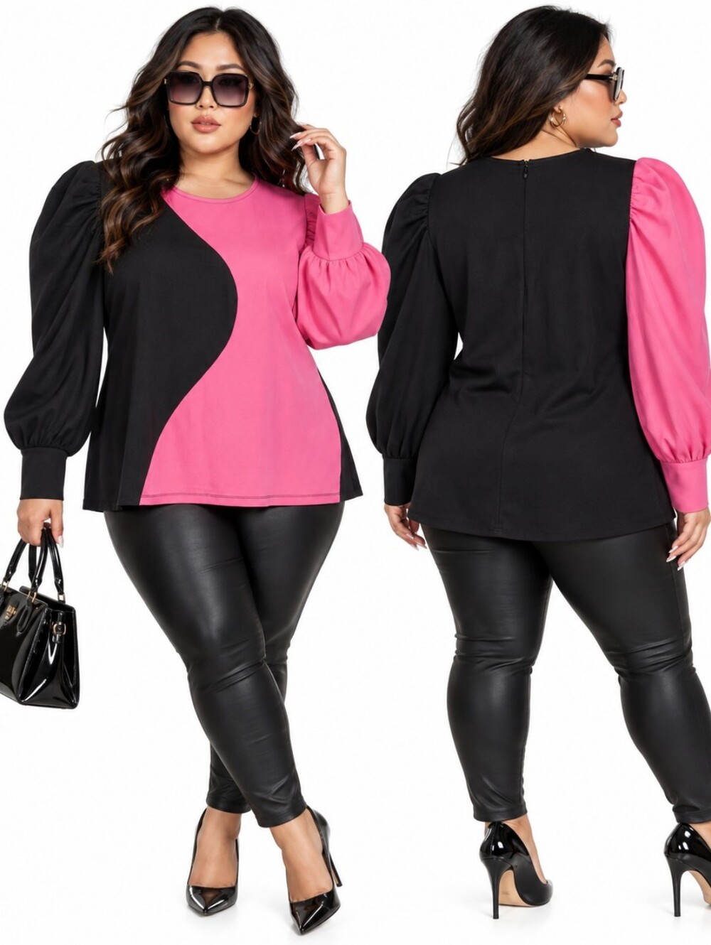 NWT Ashley Stewart Pink & Black Colorblock Puff Sleeve Top Mod Plus Sz 18 20